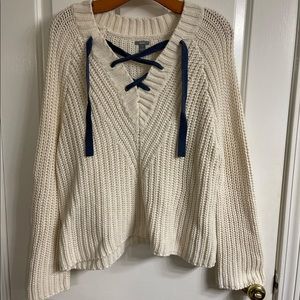 🟢Womens Medium Aerie Crotchet Cream V-Neck Sweater